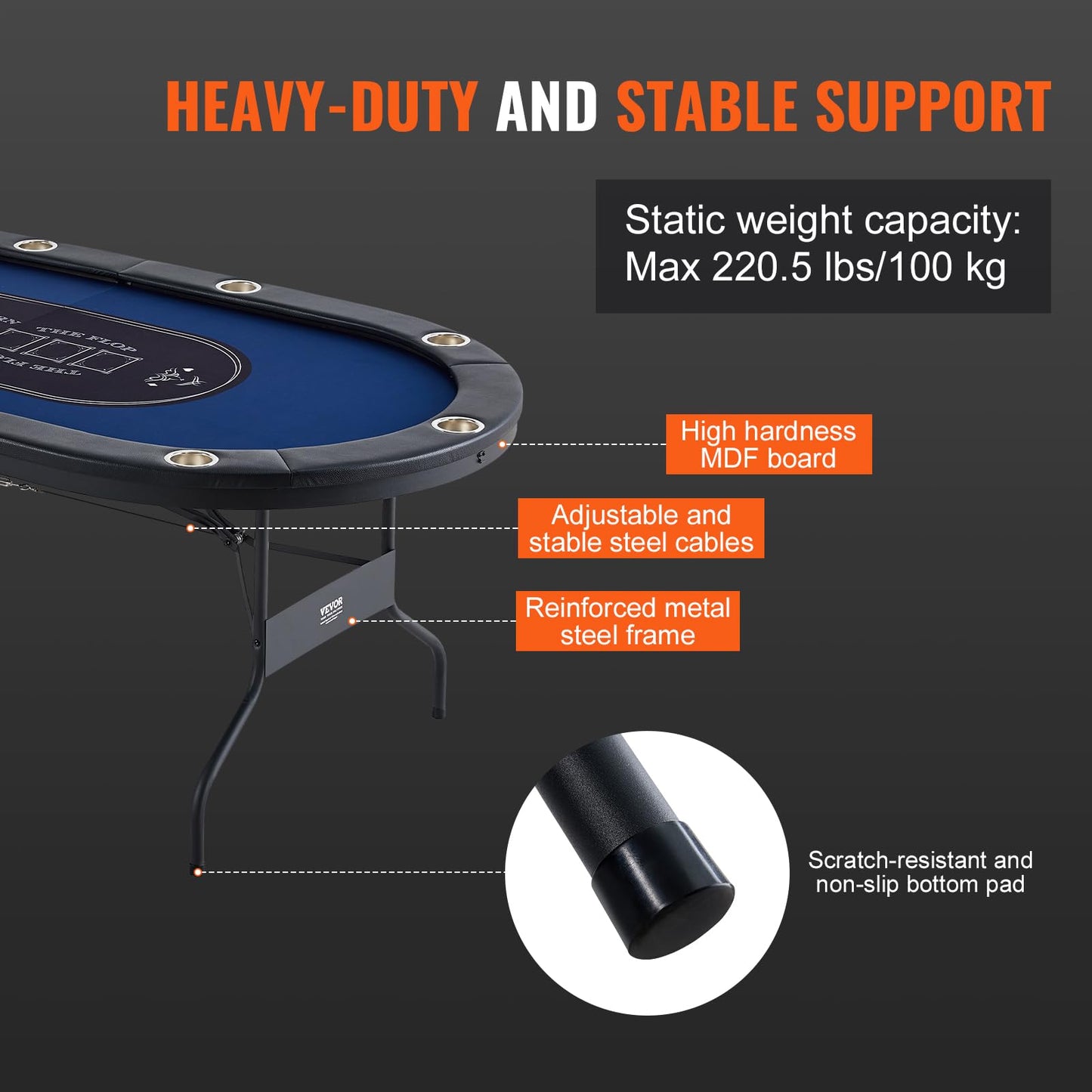 VEVOR 10 Player Poker Table Foldable, Portable Folding Card Board Game Table, Blackjack Texas Holdem Table with Padded Rails and Stainless Steel Cup Holders,Blue (84 in), Casino Leisure Table