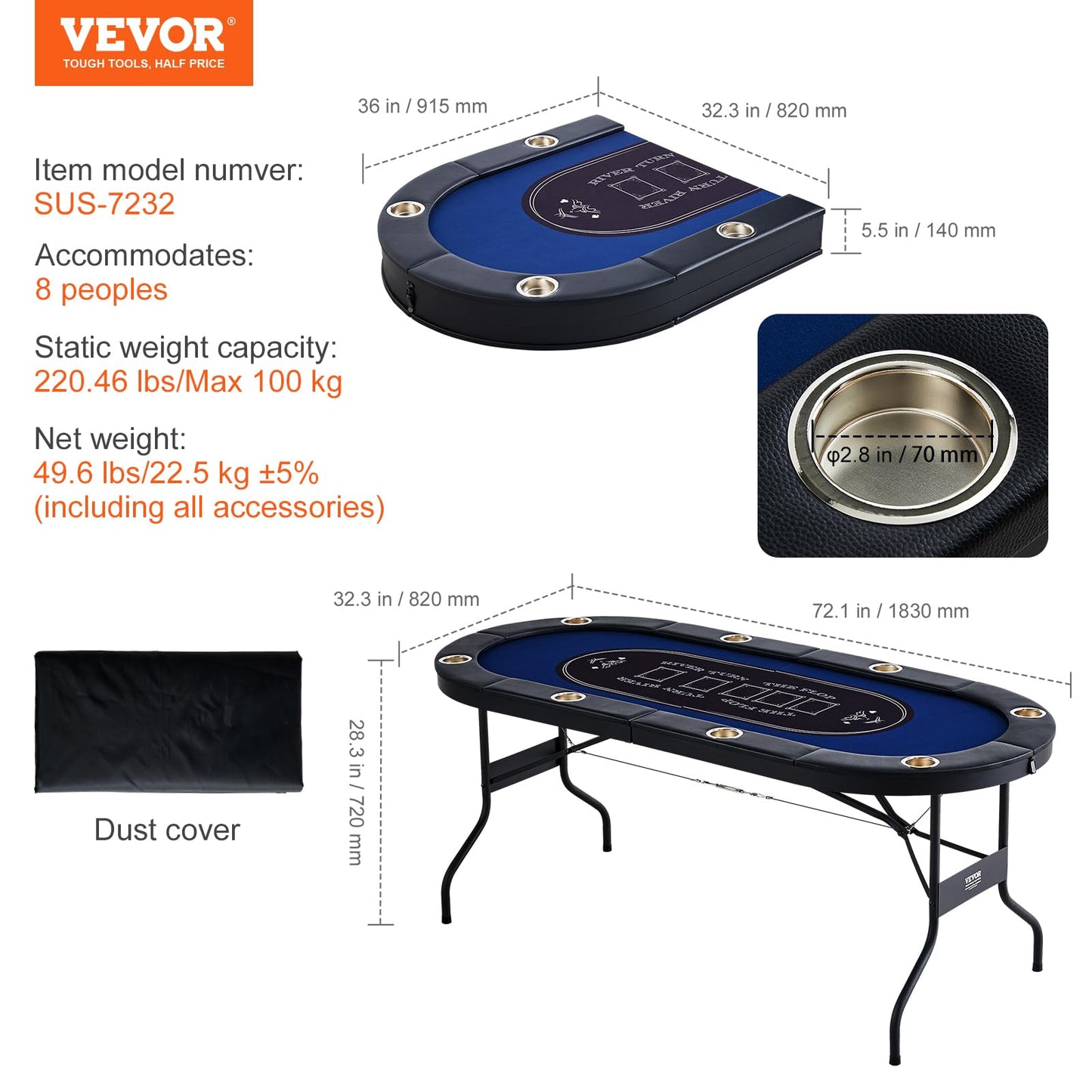 VEVOR 10 Player Poker Table Foldable, Portable Folding Card Board Game Table, Blackjack Texas Holdem Table with Padded Rails and Stainless Steel Cup Holders,Blue (84 in), Casino Leisure Table