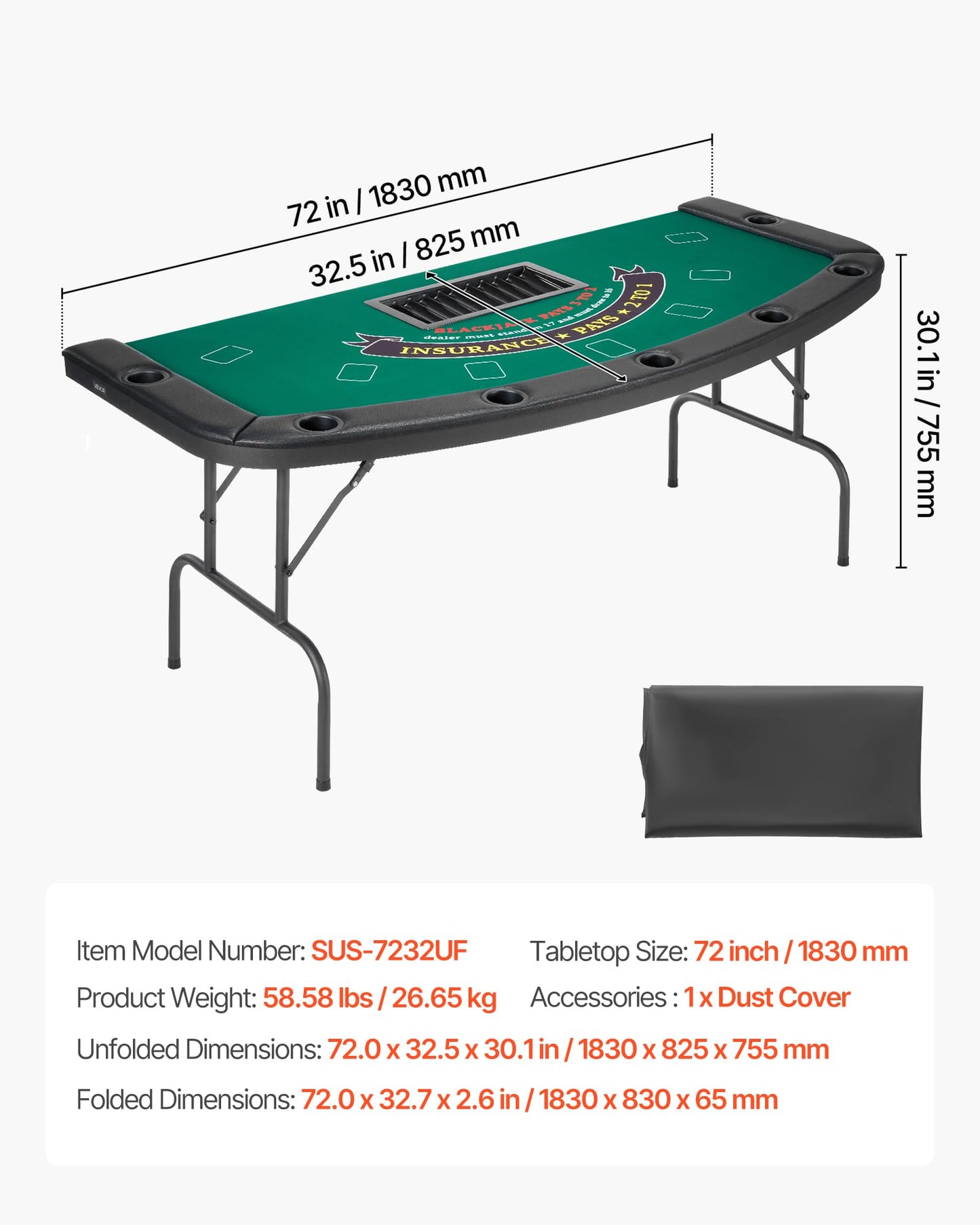 VEVOR 10 Player Poker Table Foldable, Portable Folding Card Board Game Table, Blackjack Texas Holdem Table with Padded Rails and Stainless Steel Cup Holders,Blue (84 in), Casino Leisure Table