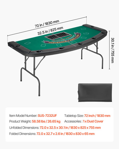 VEVOR 10 Player Poker Table Foldable, Portable Folding Card Board Game Table, Blackjack Texas Holdem Table with Padded Rails and Stainless Steel Cup Holders,Blue (84 in), Casino Leisure Table