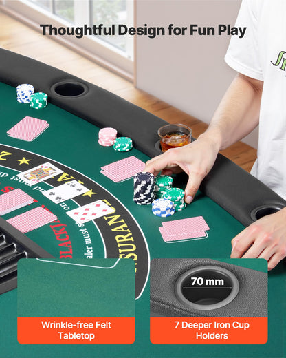 VEVOR 10 Player Poker Table Foldable, Portable Folding Card Board Game Table, Blackjack Texas Holdem Table with Padded Rails and Stainless Steel Cup Holders,Blue (84 in), Casino Leisure Table